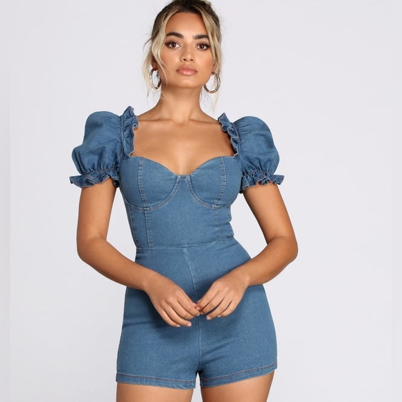 Denim Puff sleeved Romper - Size Small - Picture 5 of 6